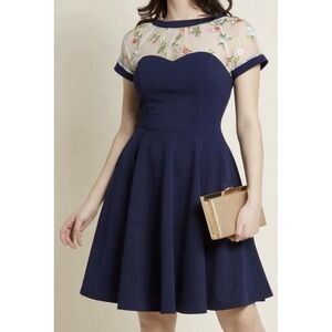 Vtg iXiA Mini Dress Sz L Navy Blue Mesh Floral Short Sleeve 2-Pockets Usa Made